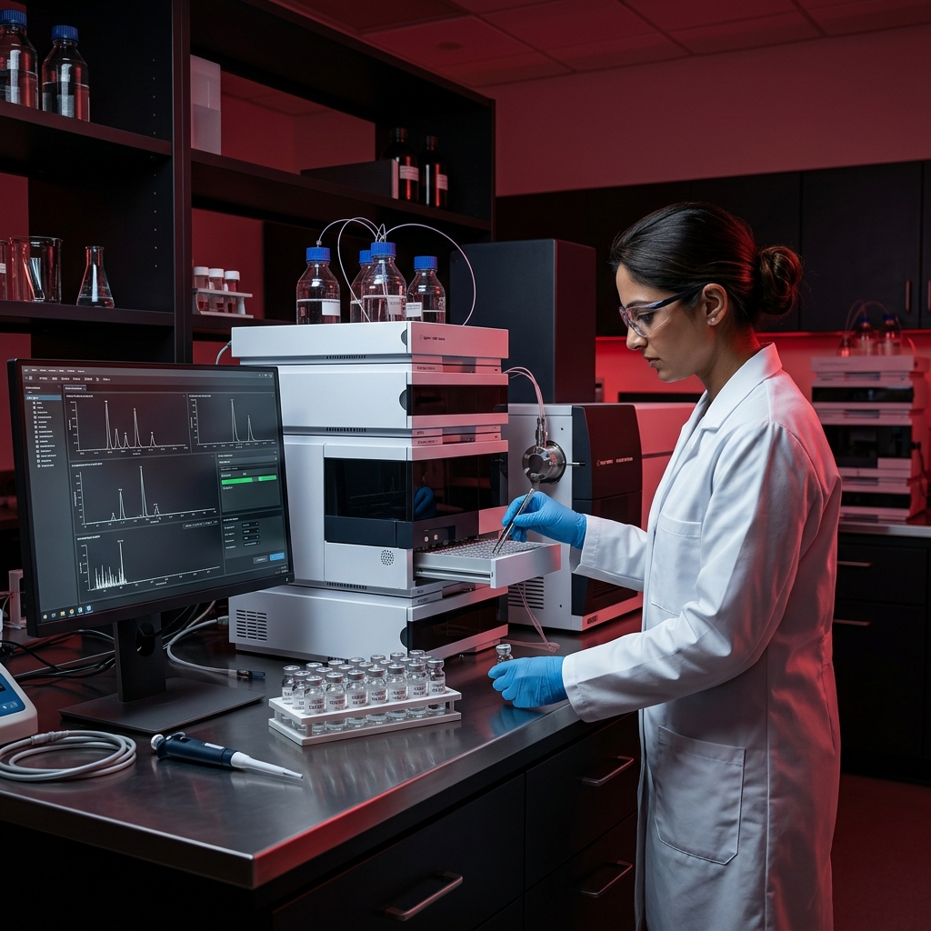 Vials beside an HPLC readout